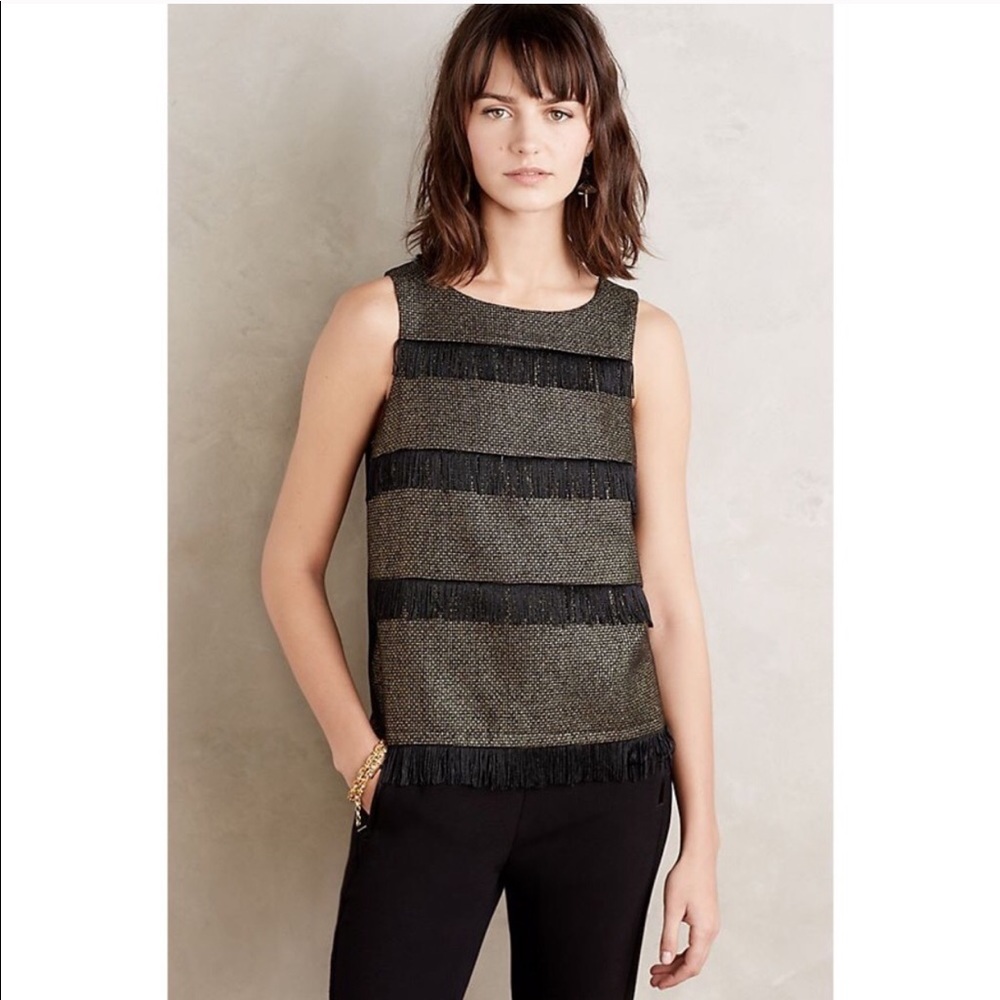 Anthropologie gold and black fringe party top
